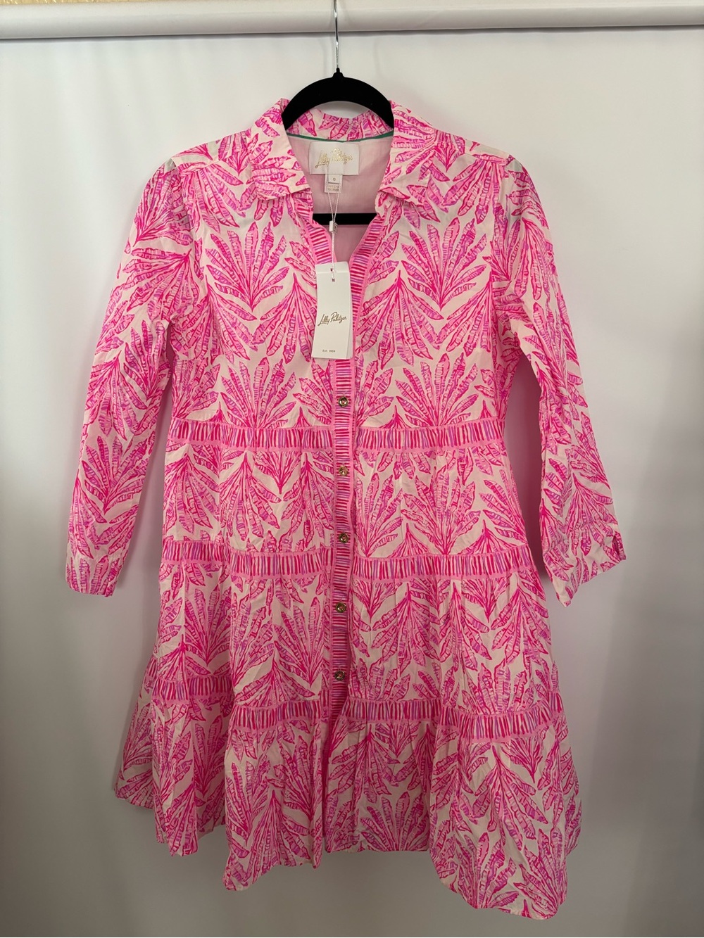 Lilly Pulitzer Angie Tiered Shirtdress Pink Bliss Shady Babe Palm Print Size 0